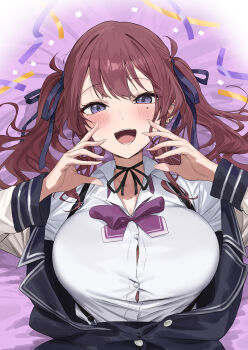 1girl blush breasts brown_hair button_gap cevio choker confetti ear_piercing hair_ribbon highres jacket large_breasts looking_at_viewer lying mole mole_under_eye natsuki_karin on_back open_mouth partially_unbuttoned piercing purple_eyes ribbon shirt smile solo twintails white_shirt yappen