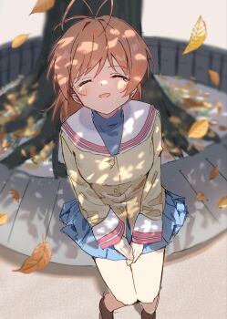 Rule 34 | 1girl, autumn leaves, blush, brown hair, clannad, closed eyes, emu shido, furukawa nagisa, highres, leaf, open mouth, school uniform, short hair, sitting, skirt, smile, solo