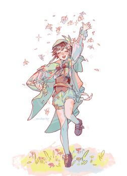 1boy androgynous argyle_clothes argyle_pantyhose arm_up artist_name baggy_shorts banthyo_hiyo belt beret black_hair blue_hair blush bow bowtie braid brown_belt brown_bow brown_bowtie brown_corset brown_shoes buttons cape closed_eyes collared_cape collared_shirt commentary corset feathers floating_cape flower full_body genshin_impact gradient_hair grass green_cape green_hat green_shorts hair_between_eyes happy hat hat_flower hat_ornament highres holding holding_flower leaf_hat_ornament long_sleeves male_focus multicolored_hair open_mouth orange_cape orange_flower pantyhose petals pom_pom_(clothes) puffy_long_sleeves puffy_sleeves red_flower shirt shoes short_hair shorts simple_background smile solo sparkle standing standing_on_one_leg striped_bow striped_bowtie striped_clothes symbol-only_commentary teeth twin_braids two-sided_cape two-sided_fabric two-tone_hair venti_(genshin_impact) white_background white_flower white_pantyhose white_shirt yellow_flower