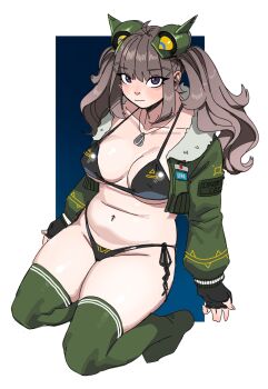 Rule 34 | 1girl, bikini, black bikini, black gloves, blush, breasts, brown hair, cleavage, dog tags, fingerless gloves, fur-trimmed jacket, fur trim, gloves, green jacket, green thighhighs, hair ornament, hairclip, jacket, jewelry, long hair, mechanical ears, medium breasts, military jacket, navel, necklace, open clothes, open jacket, original, plump, purple eyes, side-tie bikini bottom, sidelocks, solo, swimsuit, thick thighs, thighhighs, thighs, twintails, utoka