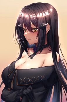 Rule 34 | 1girl, absurdres, black hair, blush, breasts, brown background, cleavage, closed mouth, commentary request, dandelion (girls' frontline), flower, girls' frontline, girls' frontline 2: exilium, hair ornament, highres, hand on own arm, large breasts, light smile, looking at viewer, neck flower, neck ribbon, purple flower, ribbon, simple background, solo, upper body, xlscaler, yellow eyes