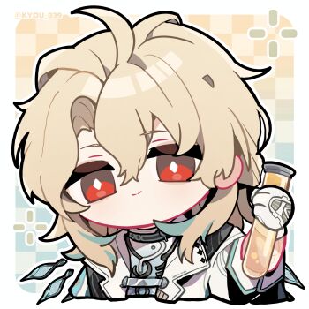 1boy ahoge aqua_background blonde_hair border bright_pupils checkered_background chibi chibi_only chinese_commentary commentary_request gloves gradient_background hand_up highres holding holding_test_tube jacket kyou_039 long_hair looking_at_viewer luuk_herssen_(wuthering_waves) male_focus multicolored_hair orange_background red_eyes solo streaked_hair test_tube twitter_username white_border white_gloves white_jacket white_pupils wuthering_waves