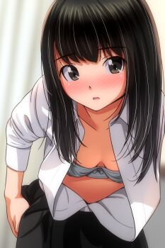 1girl absurdres black_hair black_skirt blurry blurry_background blush bra breasts brown_eyes collarbone curtains dressing highres long_hair long_sleeves looking_at_viewer matsunaga_kouyou open_clothes open_mouth open_shirt original school_uniform shirt skirt small_breasts solo standing underwear white_bra white_shirt