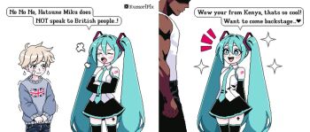 1girl 2boys 2koma aqua_hair aqua_necktie black_skirt black_thighhighs blonde_hair comic commentary crossed_arms dark-skinned_male dark_skin detached_sleeves english_commentary english_text hatsune_miku hatsune_miku_does_not_talk_to_british_people_(meme) heart heart-shaped_pupils implied_netorare kumoripix multiple_boys muscular muscular_male necktie no_eyes pixel_art puff_of_air queen_of_spades_symbol rejection shaded_face shirt skirt sparkle sparkling_aura speech_bubble standing sweater symbol-shaped_pupils tank_top thighhighs trembling union_jack_print vocaloid white_shirt white_tank_top