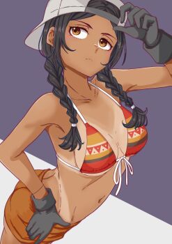 1girl backwards_hat bikini bikini_top_only black_hair braid breasts brown_eyes closed_mouth collarbone commentary dark-skinned_female dark_skin eyelashes front-tie_bikini_top front-tie_top gloves grey_gloves grey_hat gundam gundam:_hathaway's_flash hat highres julia_suga long_hair mono9ron orange_shorts shorts solo swimsuit tan tanline twin_braids twintails two-tone_background