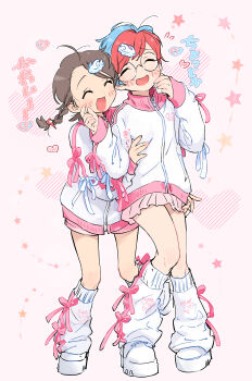 Rule 34 | 2girls, :d, ^ ^, ahoge, blue hair, blush, bow, braid, brown hair, character hair ornament, closed eyes, commentary request, full body, gen 4 pokemon, glasses, hair ornament, happy, harinezumi103, heart, highres, hug, hug from behind, jacket, juliana (pokemon), leg warmers, long hair, long sleeves, multiple girls, nintendo, open mouth, penny (pokemon), pink background, pink bow, pink shorts, pink skirt, pokemon, pokemon sv, red hair, ribbon, round eyewear, shoes, short hair, shorts, skirt, smile, socks, standing, star (symbol), togekiss, white leg warmers, white socks