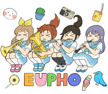 Rule 34 | 4girls, bird, black hair, blonde hair, blue bird, blue sailor collar, blue skirt, brown hair, cactus, camera, city (arawi keiichi), closed eyes, company connection, drink carton, english text, euphonium, floating, flower, flute, food, hair ribbon, hibike! euphonium, highres, holding, holding flute, holding instrument, holding trumpet, ice cream, instrument, juice box, kanmuri neko, kasaki nozomi, kitauji high school uniform, kyoto animation, liz to aoi tori, long hair, multiple girls, music, nakagawa natsuki, oboe, parody, playing instrument, ponytail, ribbon, sailor collar, school uniform, serafuku, shirt, shoes, skirt, style parody, sunflower, trumpet, tuba-kun, watch, white shirt, wristwatch, yellow ribbon, yoroizuka mizore, yoshikawa yuuko