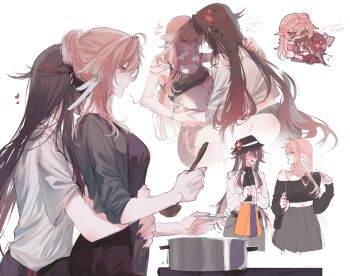 2girls antlers apron bag black_apron black_bra black_hat black_shirt black_skirt blush bra bra_lift brown_hair clothes_lift commentary cooking cosmetics flower genshin_impact grabbing_another&#039;s_breast grey_skirt groping hair_flower hair_ornament hashtag-only_commentary hat heart highres holding holding_ladle holding_lipstick_tube horns hu_tao_(genshin_impact) hug hug_from_behind ladle lipstick_mark lipstick_mark_on_face lipstick_tube long_hair multiple_girls nutthanunkhomk1 pink_hair red_flower shirt shopping_bag simple_background skirt symbol-only_commentary underwear white_background white_shirt yanfei_(genshin_impact) yuri