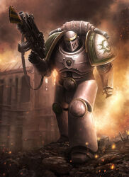 Rule 34 | 1boy, adeptus astartes, alternate costume, armor, armored boots, bayonet, bolter, boots, burning, celeng, commentary, commission, death guard, english commentary, fire, gun, hazard stripes, highres, holding, holding gun, holding weapon, looking at viewer, male focus, outdoors, pauldrons, science fiction, shoulder armor, skull, solo, space marine, standing, warhammer 40k, weapon