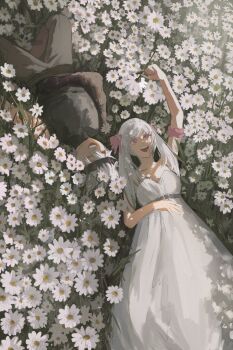 1boy 1girl asta_(black_clover) black_clover devil_arm dress field flower flower_field hand_on_stomach hand_on_waist headband hetero highres lying lying noelle_silva on_back open_mouth purple_eyes relaxing smile twintails white_dress