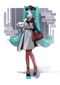 1girl :d alternate_costume aqua_eyes aqua_hair aqua_shoes bare_shoulders black_bow black_gloves bow dog dress elbow_gloves eyewear_on_head full_body gloves hair_bow hatsune_miku heart heart-shaped_eyewear highres jewelry lapels long_hair looking_at_viewer myuga66666 necklace notched_lapels one_eye_closed open_mouth pantyhose pearl_necklace platform_shoes red-framed_eyewear red_bag red_pantyhose shoes simple_background sleeveless smile standing sunglasses twintails vocaloid white_background white_dress
