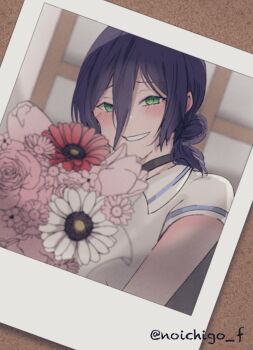 1girl black_choker blush bouquet chainsaw_man choker clenched_teeth commentary_request flower green_eyes hair_between_eyes hair_bun highres holding holding_bouquet long_hair_between_eyes looking_at_viewer medium_hair noichigo_f photo_(object) polo_shirt purple_hair reze_(chainsaw_man) shirt short_sleeves smile solo teeth twitter_username upper_body white_shirt