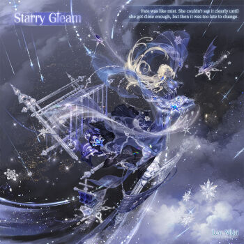 1girl artist_request bare_shoulders black_lips black_skin blonde_hair blue_dress blue_eyes blue_sky boat breasts character_name cleavage closed_mouth cloud colored_skin copyright_logo detached_sleeves dress earrings english_text expressionless floating floating_hair full_body gold_necklace halter_dress halterneck jewelry lace lace-trimmed_dress lace_trim large_breasts lipstick logo long_dress long_hair long_sleeves looking_ahead makeup marking_on_cheek meteor_shower miracle_nikki necklace nikki_(series) official_art sky sleeveless sleeveless_dress snow snowflakes snowing solo starry_gleam_(miracle_nikki) third-party_source upturned_eyes very_long_hair watercraft wavy_hair wide_sleeves winter