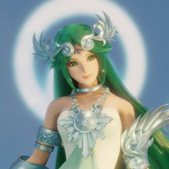1girl 3d alternate_color armlet bare_shoulders blue_background chinese_commentary dress forehead_jewel gem green_eyes green_hair halo highres jewelry kid_icarus kid_icarus_uprising lips middle_part nintendo palutena pink_lips purple_gemstone sidelocks silver_chain solo white_dress white_halo