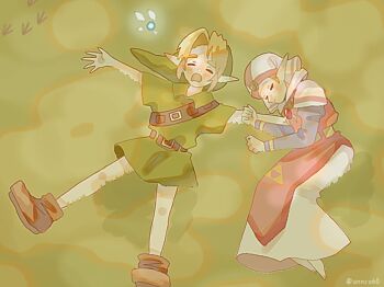 1boy 1girl annco60 blonde_hair boots brown_boots closed_eyes dress fairy full_body green_hat green_tunic hat light_blush link long_dress mob_cap navi nintendo open_mouth outstretched_arms parted_bangs phrygian_cap pink_tabard pointy_ears princess_zelda sidelocks tabard the_legend_of_zelda the_legend_of_zelda:_ocarina_of_time tunic twitter_username white_dress