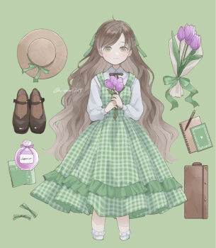 Rule 34 | 1girl, bottle, brown hair, commentary request, dress, feet out of frame, flower, frilled socks, frills, gingham clothes, gingham dress, green background, green dress, hat, highres, holding, holding flower, long hair, long sleeves, looking at viewer, notepad, nozawa (nooo1709), original, pen, perfume bottle, pinafore dress, purple flower, shirt, shoes, sleeveless, sleeveless dress, socks, solo, standing, straight-on, suitcase, unworn hat, unworn headwear, unworn shoes, very long hair, wavy hair, white shirt, white socks