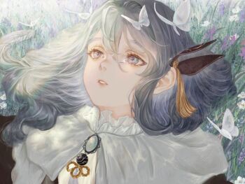 Rule 34 | 1girl, blue eyes, blue hair, brooch, bug, butterfly, ciel (kamitsubaki studio), close-up, dress, field, flower, flower field, highres, insect, jewelry, kamitsubaki studio, looking up, lying, medium hair, on back, parted lips, shirone (coxo ii), solo