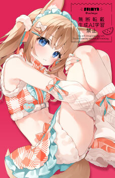 1girl animal_ears arm_warmers artist_name blue_eyes blush bow bow_skirt brown_hair closed_mouth commentary crop_top cropped_shirt feet_out_of_frame fox_ears fox_girl fox_tail frilled_skirt frills green_nails hair_bow hair_ornament hairclip knees_up long_hair looking_at_viewer miniskirt multicolored_nails nail_polish orange_bow orange_nails orange_shirt orange_shoes orange_skirt original parallel_hairclips pleated_skirt red_background shirt shoes short_shorts shorts simple_background skirt sleeveless sleeveless_shirt socks solo suimya symbol-only_commentary tail teardrop twintails twitter_username watermark white_bow white_shorts white_socks