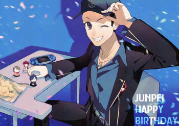 1boy baseball_cap belt birthday black_hair black_jacket black_pants blue_background blue_shirt chair character_charm character_name charm_(object) collarbone collared_shirt commentary_request desk drop_shadow falling_petals gekkoukan_high_school_uniform grin handheld_game_console happy_birthday hat hat_tip iori_junpei jacket jewelry long_sleeves looking_at_viewer necklace on_chair one_eye_closed open_clothes open_jacket otoseto pants persona persona_3 petals playstation_portable school_desk school_uniform shirt sitting smile takeba_yukari wing_collar yoshino_chidori yuuki_makoto_(persona_3)