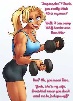 1girl absurdres beverly_(nortuet) blonde_hair blue_eyes breasts caption cheating_(relationship) cleavage dark-skinned_female dark_skin dumbbell english_text exercising gym_uniform highres implied_cheating_(relationship) lipstick looking_at_viewer makeup medium_breasts muscular muscular_female non-web_source nortuet open_mouth original ponytail simple_background smile solo tan tank_top teeth third-party_edit tomboy upper_teeth_only weightlifting