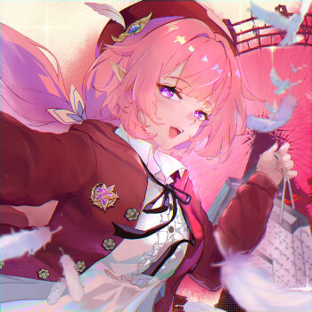 1girl alternate_costume amusement_park bag beret bird breasts chinese_commentary commentary_request diamond-shaped_pupils diamond_(shape) dove elf elysia_(hi_love_elf)_(honkai_impact) elysia_(honkai_impact) falling_feathers feathers ferris_wheel hat highres holding holding_bag honkai_(series) honkai_impact_3rd jacket long_hair looking_at_viewer medium_breasts pink_hair pointy_ears procreate_(medium) purple_eyes red_jacket shirt smile solo symbol-shaped_pupils very_long_hair white_shirt zhiyingnianling