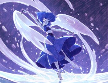 Rule 34 | 1girl, barefoot, blue eyes, blue hair, blue shirt, blue skin, blue skirt, colored skin, commentary, crop top, full body, gem (steven universe), lapis lazuli (steven universe), long skirt, midriff, one eye closed, outstretched arms, rb-gs, shirt, short hair, skirt, sleeveless, sleeveless shirt, smile, solo, splashing, spread arms, steven universe, water, water drop, water wings, wings