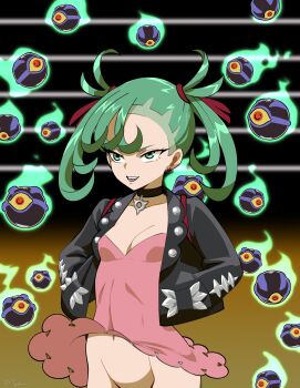 1girl absurdres alternate_costume alternate_hairstyle asymmetrical_bangs black_choker black_jacket bottomless breasts choker cleavage clothes_lift commentary cosplay cropped_jacket dress dress_lift female_focus goth_fashion green_eyes green_hair hands_in_pockets highres jacket maho_malice marnie_(pokemon) marnie_(pokemon)_(cosplay) matching_hair/eyes medium_hair navel nintendo no_panties one-punch_man open_mouth out-of-frame_censoring pendant_choker pink_dress pocket pokemon pokemon_swsh quad_tails revision small_breasts smile solo tatsumaki teeth telekinesis trait_connection tsurime undercut upper_teeth_only wind wind_lift