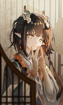 Rule 34 | 1girl, absurdres, arknights, bead bracelet, beads, black hair, blurry, blurry background, blurry foreground, bracelet, chinese commentary, closed mouth, coat, colored extremities, commentary request, dragon girl, dragon horns, earrings, gujiulan, hands up, head tilt, highres, horns, jewelry, jie (arknights), long sleeves, looking at viewer, multicolored hair, open clothes, open coat, pointy ears, shirt, smile, streaked hair, tassel, tassel earrings, upper body, white shirt, yellow pupils