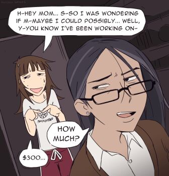 Rule 34 | ..., 2girls, age difference, aged up, artist name, black-framed eyewear, black hair, breasts, brown hair, brown jacket, buttons, clothes writing, collared shirt, door, doorway, drawstring, dress shirt, earrings, english text, eyebrows, female focus, freckles, glasses, highres, hitsuji (hitsujigoods), indoors, jacket, jewelry, kara eklund, logo, long hair, long sleeves, looking at another, looking back, mature female, medium hair, mother and child, mother and daughter, multiple girls, narrowed eyes, neet girl date night, nervous smile, nervous sweating, open collar, open door, open mouth, parent and child, radiohead (band), rectangular eyewear, red shorts, shelf, shirt, short hair, short sleeves, shorts, small breasts, smile, speech bubble, sportswear, standing, straight hair, sweat, sweatdrop, t-shirt, upper body, white shirt