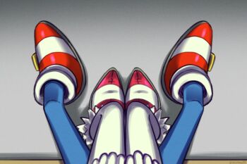 1boy 1girl blaze_the_cat blue_fur fur-trimmed_shoes furry furry_female gloves out_of_frame pink_shoes red_shoes shoes sitting sonic_(series) sonic_the_hedgehog white_gloves yeonwu08