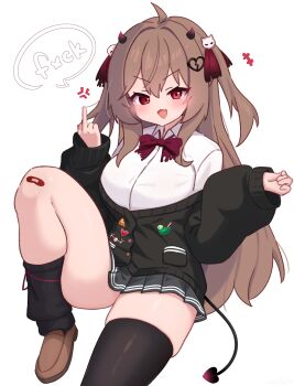 +++ 1girl :3 :d aged_up ahoge anger_vein asymmetrical_legwear badge bandaid bandaid_on_knee bandaid_on_leg black_cardigan black_jacket black_skirt black_socks black_thighhighs blush bow bowtie breasts brown_hair button_badge buttons cardigan cat_hair_ornament clothes_down collared_shirt demon_girl demon_horns demon_tail dot_nose dress_shirt evil_neuro-sama fang foot_out_of_frame gabai grey_skirt hair_between_eyes hair_intakes hair_ornament hair_ribbon hand_up hands_up heart heart_hair_ornament highres horns jacket knee_up large_breasts loafers long_hair long_sleeves looking_at_viewer loose_socks middle_finger miniskirt mismatched_legwear neuro-sama off_shoulder open_cardigan open_clothes open_mouth pleated_skirt pocket puffy_long_sleeves puffy_sleeves purple_bow purple_bowtie red_bow red_bowtie red_eyes red_ribbon ribbon school_uniform shirt shoes sidelocks simple_background single_sock single_thighhigh sitting skin_fang skindentation skirt sleeves_past_wrists smile smug socks solo speech_bubble spoken_anger_vein sweater tail thick_thighs thighhighs thighhighs_pull thighs two_side_up uneven_legwear v-shaped_eyebrows vedal_ai very_long_hair virtual_youtuber w_arms white_background white_shirt