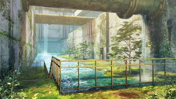 abandoned bridge building canal commentary_request grass haguruma_rapt highres industrial_pipe no_humans original outdoors overgrown plant railing scenery tree vines water waterfall