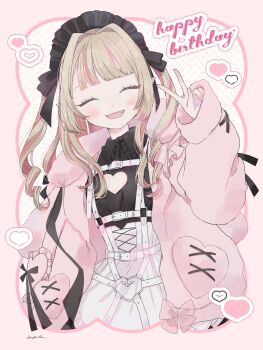 1girl :d absurdres animal_hood apron belt black_dress black_headdress black_ribbon blunt_bangs blush chest_harness cleavage_cutout clothing_cutout collared_dress colored_inner_hair corset cropped_torso cross-laced_clothes cross-laced_corset dress drill_hair fangs flat_chest frilled_jacket frilled_shirt_collar frills grey_hair hair_intakes hair_over_shoulder hand_up happy_birthday harness heart heart_cutout heart_o-ring highres hood hood_down hooded_jacket jacket long_hair loose_belt maid maid_headdress makaino_ririmu makaino_ririmu_(5th_costume) multicolored_hair multiple_belts nijisanji o-ring o-ring_belt o-ring_harness off_shoulder open_clothes open_jacket open_mouth pink_hair pink_jacket pink_streaks pocket pointy_ears polka_dot polka_dot_background ppptms rabbit_hood ribbon sidelocks sleeves_past_wrists smile solo streaked_hair two-tone_hair two_side_up v virtual_youtuber waist_apron white_apron white_belt white_corset winged_heart