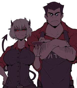 Rule 34 | 1boy, 1girl, annoyed, arm hair, belt, black belt, black hair, black pants, black vest, crossed arms, cup, demon, demon girl, demon horns, demon tail, helltaker, helltaker (character), highres, holding, holding cup, horns, horu (horu 111), looking at viewer, malina (helltaker), pants, red eyes, red shirt, round eyewear, shadowed, shirt, sunglasses, tail, vest, white background