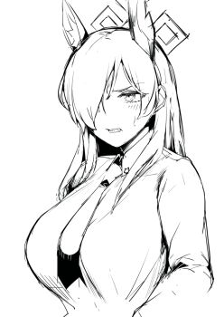 1girl animal_ears blue_archive blush bra clenched_teeth collared_shirt commentary_request dog_ears dog_girl greyscale hair_over_one_eye halo kanna_(blue_archive) long_hair long_sleeves looking_at_viewer monochrome open_clothes open_shirt sadahiro_(chicken_nugget_gyuuniku_aji) shirt sketch solo teeth underwear upper_body