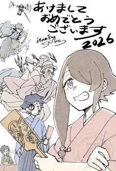 1girl 2026 372_art 5boys akeome black_hair blue_kimono brown_eyes brown_hair commentary_request crossed_arms durarara!! eiwajima_(kuramerukagari) facepaint glasses grin hagoita hair_over_one_eye hakama hanetsuki haori happy_new_year hat heiwajima_shizuo highres holding iseya_(kuramerukagari) japanese_clothes kagari_(kuramerukagari) kimono kotatsu kuramerukagari long_hair multiple_boys new_year official_art one_eye_covered orihara_izaya paddle pink_kimono red_kimono sandals short_hair signature simple_background single_sidelock smile table white_background yuuya_(kuramerukagari) zouri