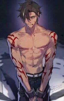 Rule 34 | 1boy, abs, arm tattoo, belt, belt buckle, black pants, blood, blood from mouth, brown hair, bruise, buckle, closed mouth, collarbone, commentary request, cuffs, eyebrow cut, forbartz xylo, highres, injury, male focus, navel, ogata tomio, pants, parted hair, pectorals, red tattoo, sanpaku, shackles, short hair, solo, standing, tattoo, toned, toned male, twitter username, white belt, yellow eyes, yuushakei ni shosu