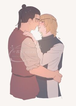 Rule 34 | 2boys, badeni, black hair, black tabard, blonde hair, blush, bn noru, brown vest, chi.: chikyuu no undou ni tsuite, commentary request, cowboy shot, cropped legs, eyepatch, hair bun, half-closed eyes, hand on another's shoulder, hand on another's waist, highres, imminent kiss, medium hair, multiple boys, oczy, parted lips, ponytail, robe, scar, scar on face, scar on mouth, scar on nose, shirt, simple background, sleeves rolled up, tabard, tonsure, twitter username, upper body, vest, white robe, white shirt, yaoi