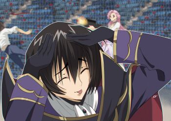 1boy 1girl 1other ^_^ absurdres ah_eto..._bleh_(meme) arms_up artist_name ascot black_cape black_coat black_gloves black_hair blood blurry blurry_background budgiepon cape chromatic_aberration closed_eyes closed_mouth coat code_geass commentary euphemia_li_britannia firing geass gloves gold_trim gun hair_between_eyes hands_on_own_head high_collar highres holding holding_gun holding_weapon lelouch_vi_britannia long_hair long_sleeves machine_gun male_focus meme murder muzzle_flash out_of_character outdoors outline pink_hair purple_eyes raised_inner_eyebrows short_hair sidelocks signature smile solo_focus spoilers stadium taiho_shichauzo tongue tongue_out two-sided_cape two-sided_fabric upper_body weapon white_ascot white_outline zero_(code_geass)