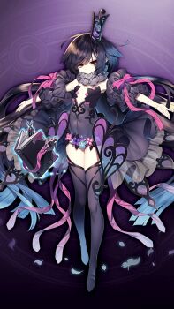 1girl black_hair book closed_mouth crown detached_sleeves empty_eyes flat_chest floating floating_book floating_object frills full_body long_hair red_eyes solo