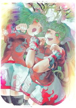 Rule 34 | 2girls, @ @, black thighhighs, blush, breasts, cherry blossoms, clone, cloud print, collared shirt, commentary, cowboy shot, curly hair, fang, green eyes, half-closed eye, horns, kariyushi shirt, komainu ears, komano aunn, long hair, medium breasts, multiple girls, navel peek, open mouth, paw pose, red shirt, red trim, ribbon-trimmed collar, ribbon-trimmed shirt, ribbon trim, shirt, shorts, side-by-side, single horn, skin fang, thighhighs, touhou, umaieokakitai, white shorts, zettai ryouiki, zun pose