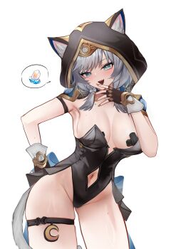 1girl absurdres alternate_costume animal_ear_hood animal_ears bandaid bandaids_on_nipples black_hood black_leotard breasts breasts_apart brown_gloves cat_ears cat_girl cat_tail cipher_(honkai:_star_rail) closed_mouth clothing_cutout contrapposto cowboy_shot fake_animal_ears fingerless_gloves fingernails gloves grey_eyes grey_hair hand_on_own_hip hand_up highres honkai:_star_rail honkai_(series) hood hood_up large_breasts leotard looking_at_viewer navel navel_cutout open_mouth pasties simple_background smile solo speech_bubble stellar_jade strapless strapless_leotard tail thigh_strap wawamachi white_background