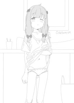 1girl eromanga_sensei greyscale highres indoors izumi_sagiri kan_ppang long_hair loose_clothes loose_shirt monochrome navel no_pants odaibako one_eye_closed panties shirt solo stomach toothbrush underwear