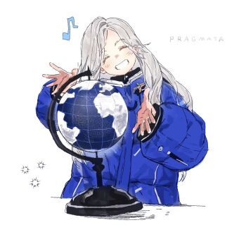 1girl 469nn arm_up blonde_hair blue_coat blush closed_eyes coat copyright_name diana_(pragmata) drawstring facing_viewer globe grin head_tilt long_hair monochrome musical_note padded_coat parted_lips pragmata puffy_coat simple_background smile solo upper_body white_background