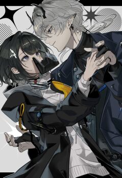 1boy 1girl absurdres ardashir_(arknights) arknights arknights:_endfield black_coat black_gloves black_hair blue_coat blue_eyes coat commentary_request couple earrings endministrator_(arknights) female_endministrator_(arknights) finger_tattoo gloves grey_hair hetero highres holding_hands horns jewelry korean_commentary long_sleeves maruchi_(0529_s2) mask multiple_earrings multiple_rings partially_fingerless_gloves pointy_ears ponytail ring shirt short_hair sparkle surprised tattoo upper_body white_shirt