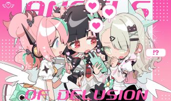 3girls angels_of_delusion backpack bag black_hair black_skirt blue_eyes blunt_bangs blush bow chinatsu_remiel commentary_request detached_sleeves dress fingerless_gloves gloves grey_eyes grey_hair hair_bow hair_ornament hairclip halo highres holding holding_phone long_hair multiple_girls phone pink_bag pink_gloves pink_hair puffy_short_sleeves puffy_sleeves randoseru red_eyes rokudu_sariel sanada_ima short_sleeves skirt sweatdrop twintails upper_body white_dress wings wrist_cuffs yutane_johiel zenless_zone_zero