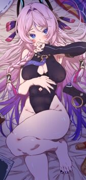 1girl barefoot black_leotard blue_eyes blush braid breasts citlali_(genshin_impact) cleavage_cutout clothing_cutout facial_mark foot_out_of_frame forehead_mark genshin_impact hair_intakes highres leotard long_hair looking_at_viewer lying medium_breasts nail_polish on_back on_bed parted_bangs pink_hair pink_pupils purple_nails ring_hair_ornament ry_(mmm_st_bbb2) solo toenail_polish toenails toes triangle triangle_facial_mark twin_braids
