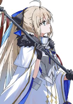 Rule 34 | 1girl, aesc (fate), aesc (savior) (fate), ahoge, armor, armored dress, black bow, black fur, black gloves, blonde hair, blue bow, blue eyes, blue hair, bow, breastplate, cape, chain, chest bow, cloak, commentary request, dress, fate/grand order, fate (series), fur-trimmed cloak, fur trim, gloves, gold trim, hair bow, highres, holding, holding staff, long hair, looking up, multicolored cloak, multicolored hair, ponytail, sidelocks, solo, spiked armor, spikes, staff, streaked hair, syst098, two-sided bow, white background, white cape, white cloak