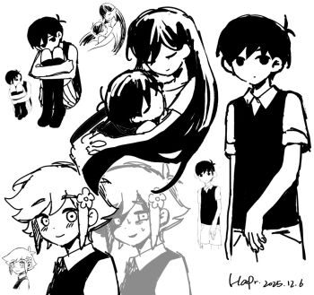 Rule 34 | 1girl, 3boys, antenna hair, artist name, basil (faraway) (omori), basil (omori), blush, brother and sister, closed eyes, closed mouth, collared shirt, commentary, dated, double-parted bangs, greyscale, hair between eyes, hapr (noneprice), hug, hugging own legs, kneehighs, long hair, looking at viewer, mari (omori), mari (spirit) (omori), monochrome, multiple boys, omori, omori (omori), reference inset, shirt, short hair, short sleeves, shorts, siblings, sidelocks, sitting, sketch, smile, socks, striped clothes, striped shorts, sunny (omori), sweater vest, symbol-only commentary, tank top, vertical-striped clothes, vertical-striped shorts