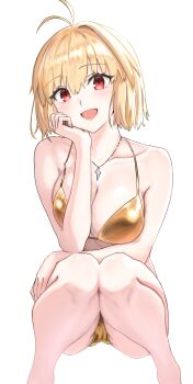 1girl absurdres ahoge antenna_hair arcueid_brunestud ass bare_shoulders bikini blonde_hair breasts cleavage commentary_request fate/grand_order fate_(series) feet_out_of_frame gold_bikini golden_week hand_on_own_cheek hand_on_own_face highres jewelry large_breasts light_blush looking_at_viewer medium_hair necklace open_mouth pendant red_eyes shiro_464646 short_hair simple_background smile solo squatting swimsuit tsukihime type-moon vampire white_background